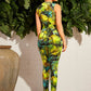 Plunging Neck Tropical Print Belted Jumpsuit