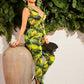 Plunging Neck Tropical Print Belted Jumpsuit