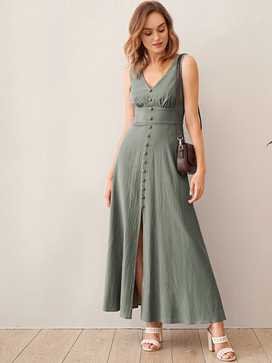 V-neck Button Front Dress