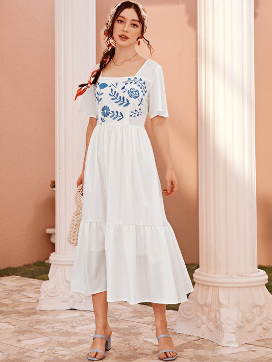 Floral Embroidered Ruffle Hem Dress