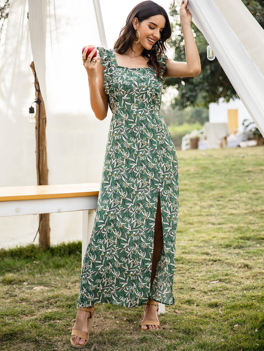 Floral Print Square Neck Split Thigh Dress