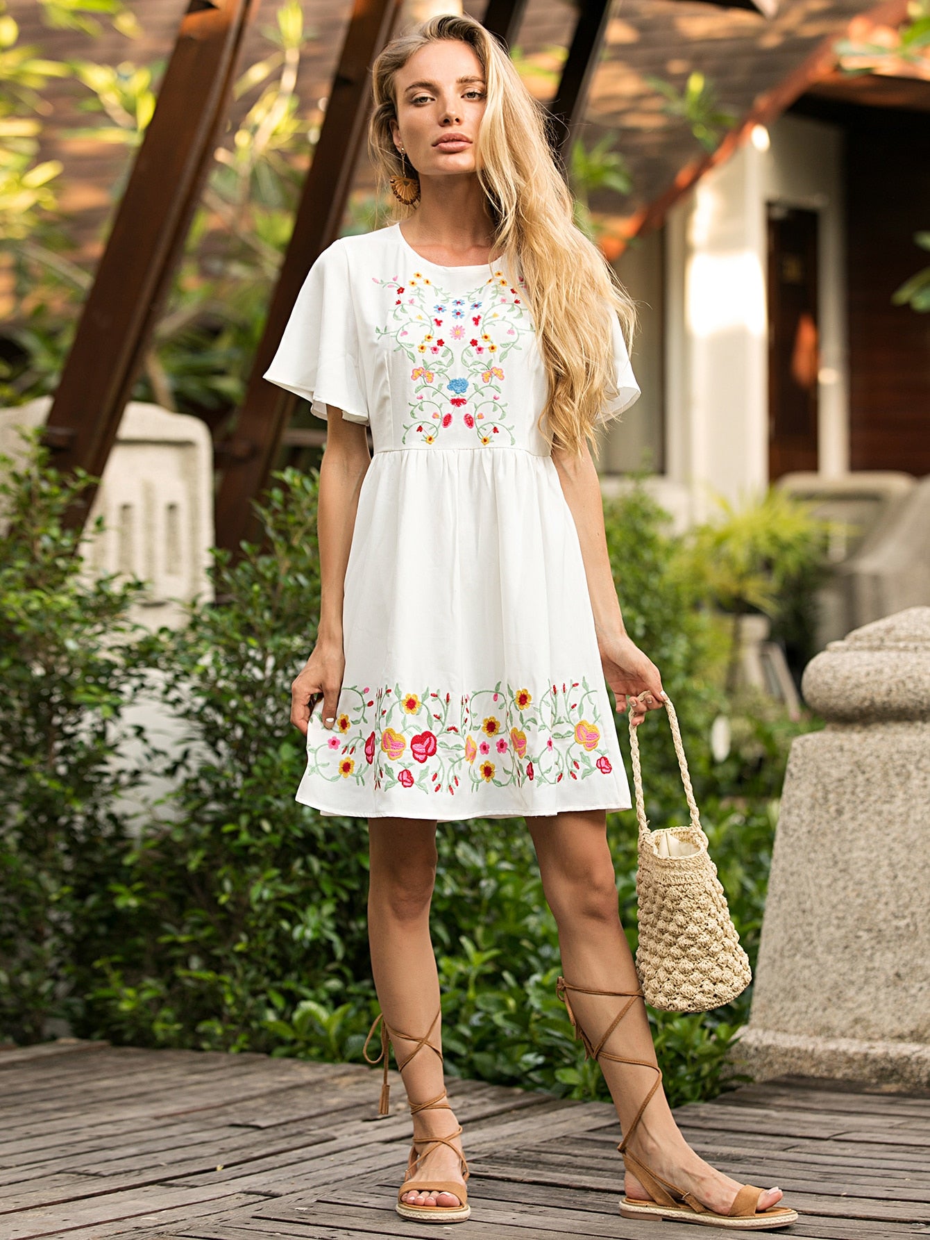 Plants Embroidered A-Line Dress