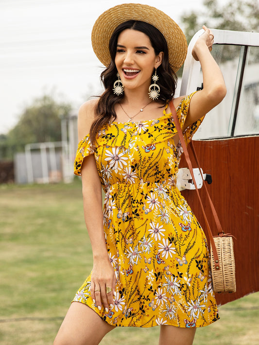 Floral Cold Shoulder Ruffle Trim Dress