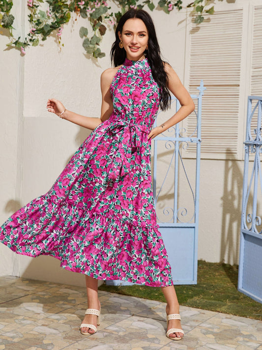 Floral Print Belted Halter Dress