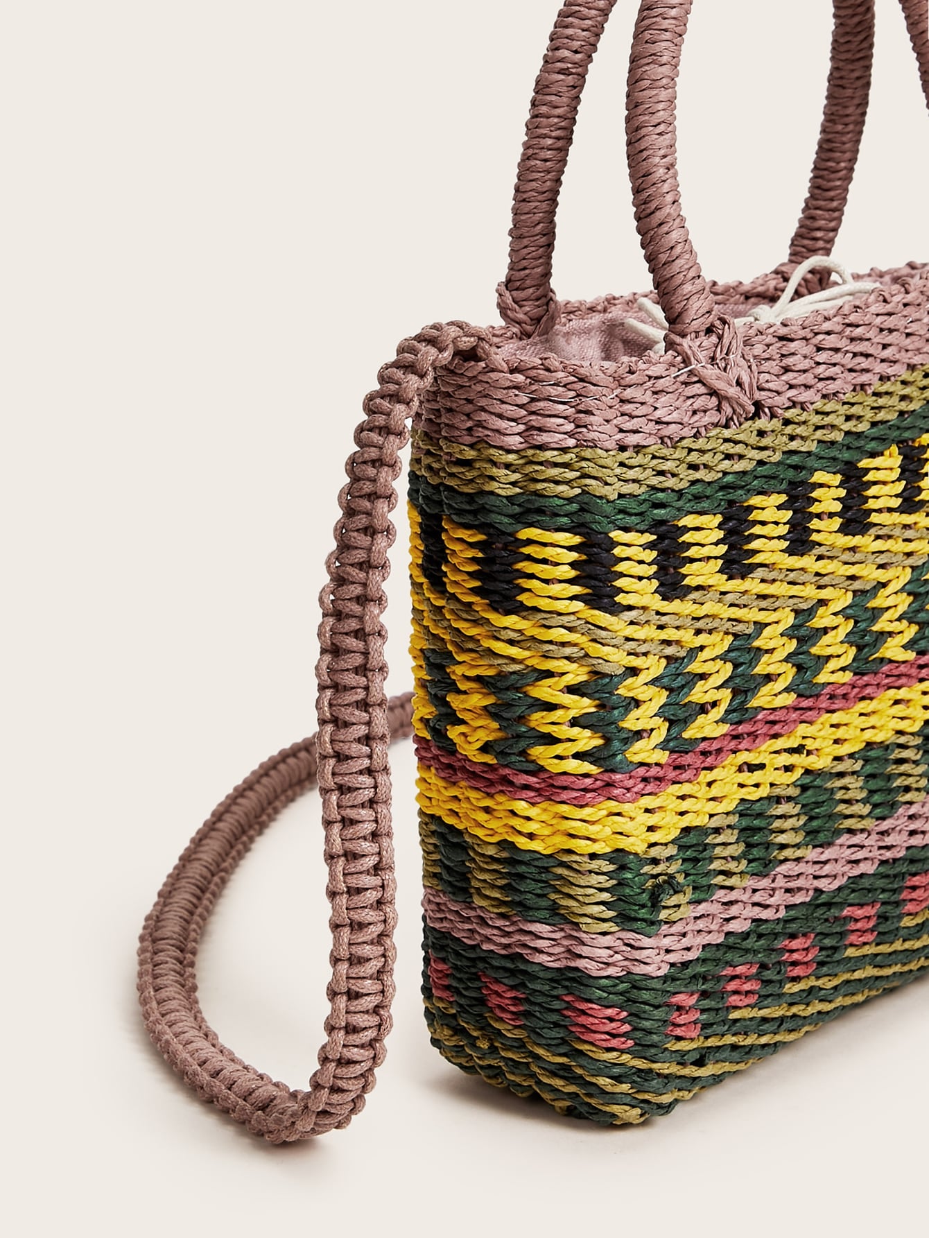 Color-block Woven Raffia Satchel Bag