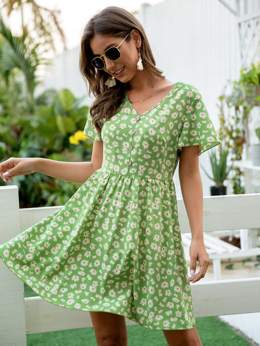 Daisy Floral Half Button A-line Dress
