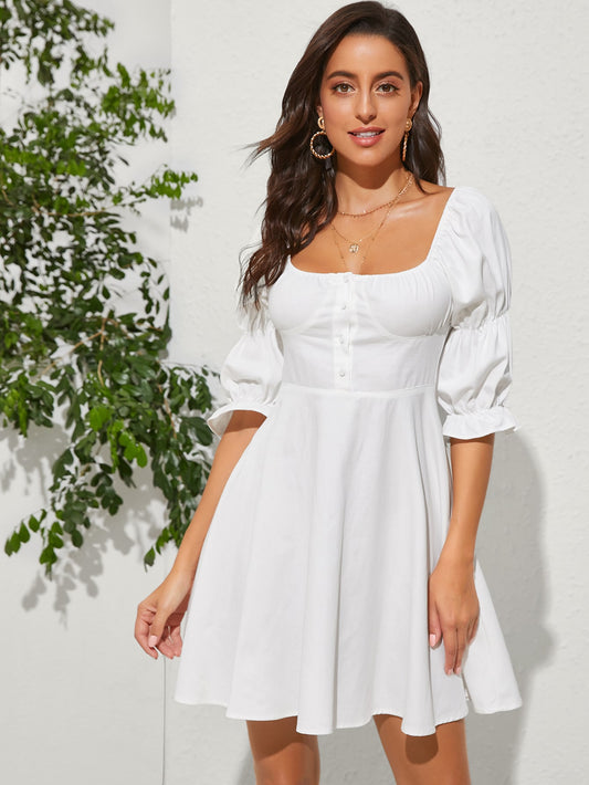 Square Neck Button Front Milkmaid Dress