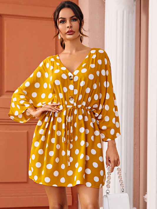 Polka Dot Drawstring Waist V-neck Dress