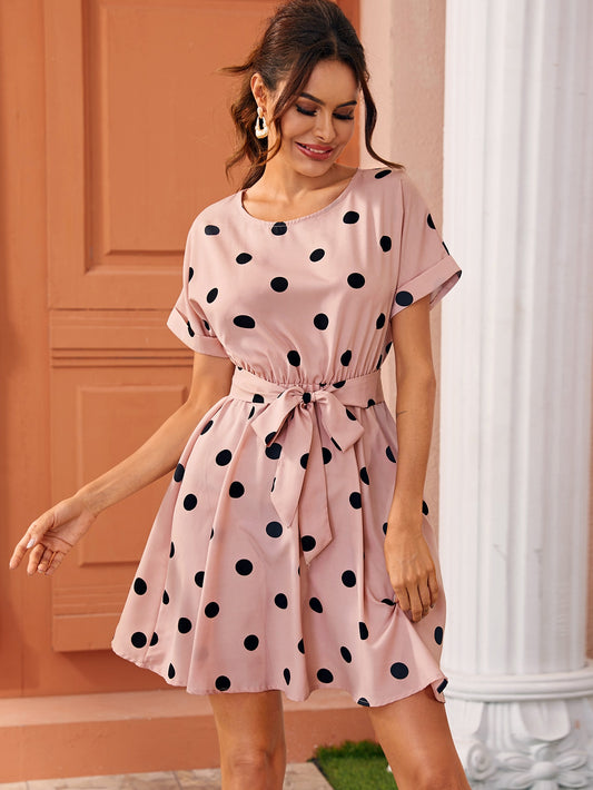 Polka Dot Batwing Sleeve Self Tie Flowy Dress