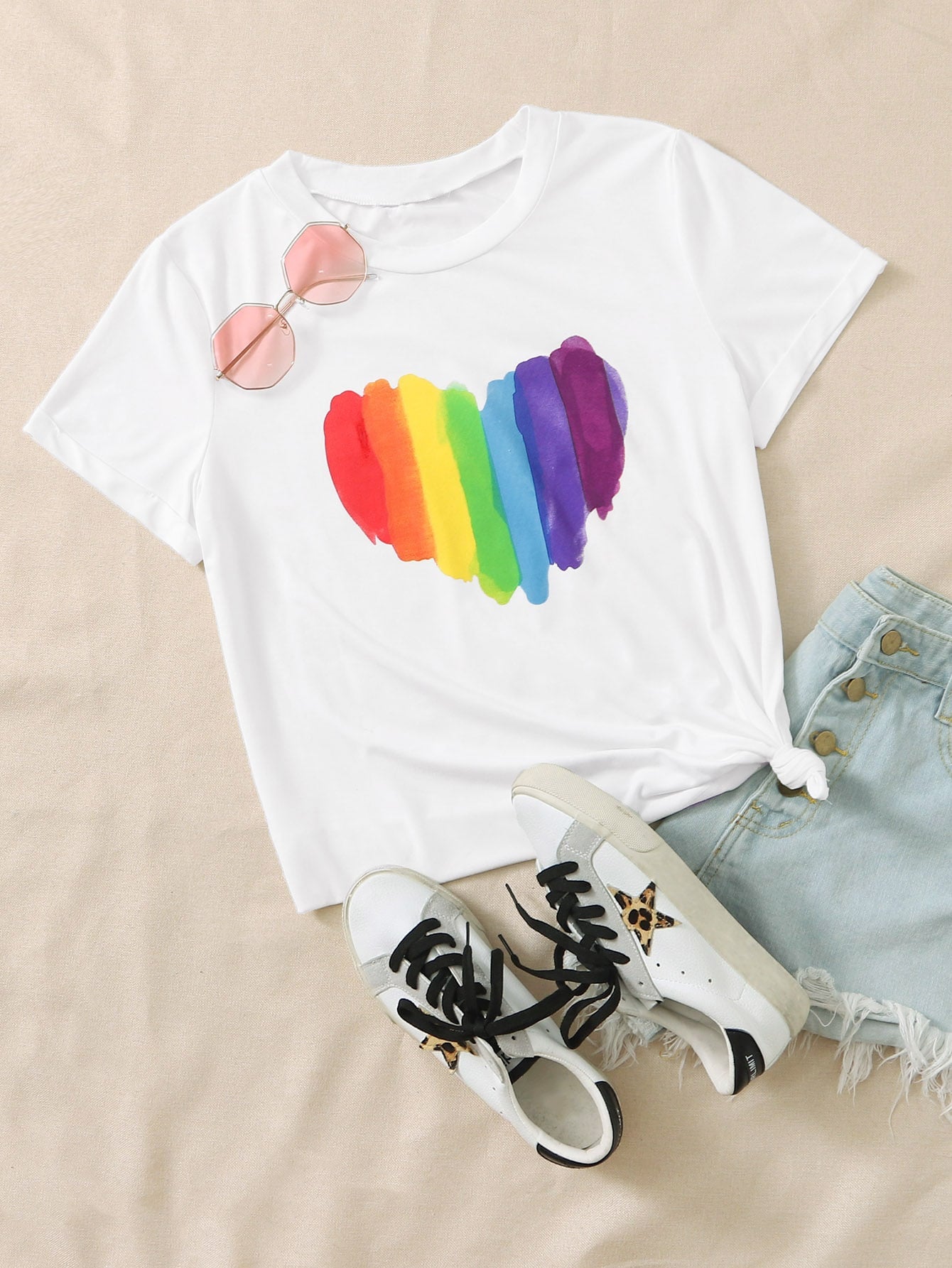 Roll Up Sleeve Rainbow Heart Tee