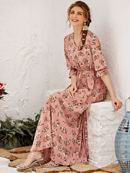 Flounce Sleeve Floral Long Dress Without Belt