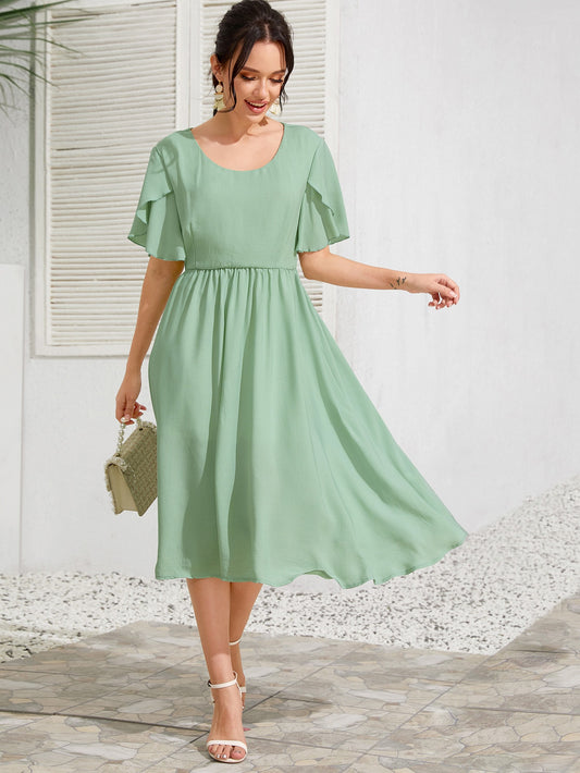 Solid Petal Sleeve A-Line Dress