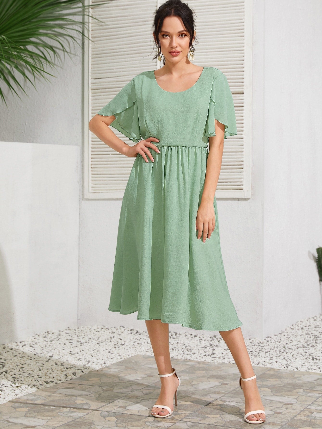 Solid Petal Sleeve A-Line Dress