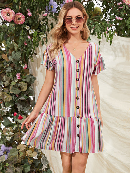 Buttoned Front Ruffle Trim Striped Smock Dress