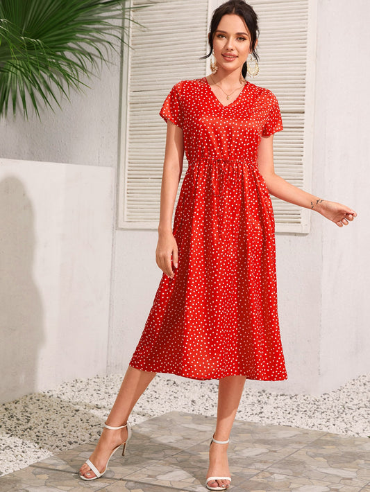 Polka Dot Belted A-Line Dress