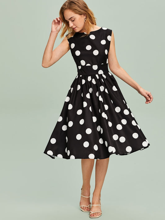Zipper Back Polka Dot Flare Dress