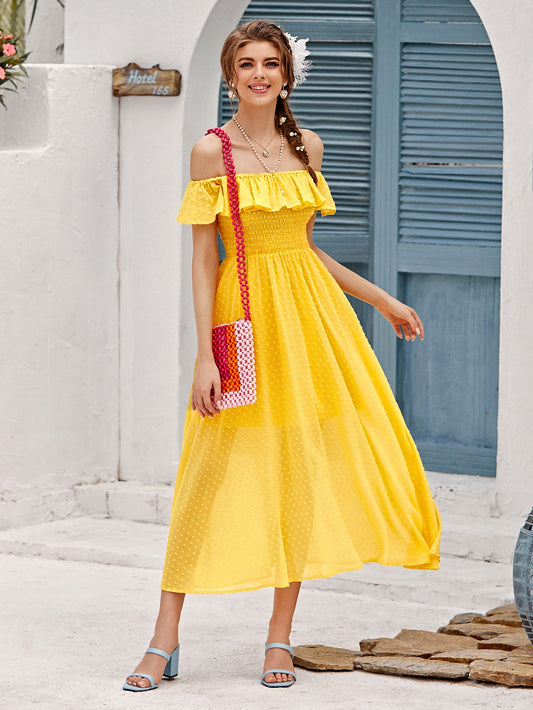 Swiss Dot Shirred Bardot Dress