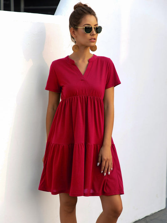 Solid Notched Neck Ruffle Hem Smock Dress