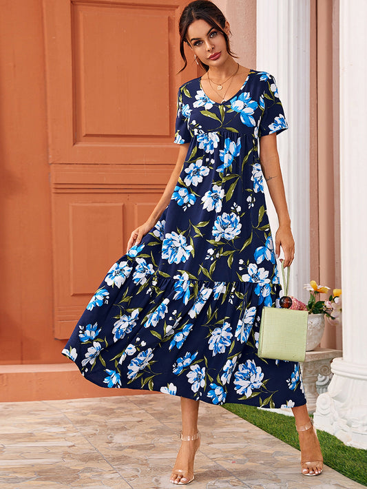 V Neck Floral Print Ruffle Hem Dress