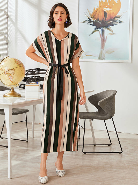 V-neck Striped Self Tie Tunic Dress