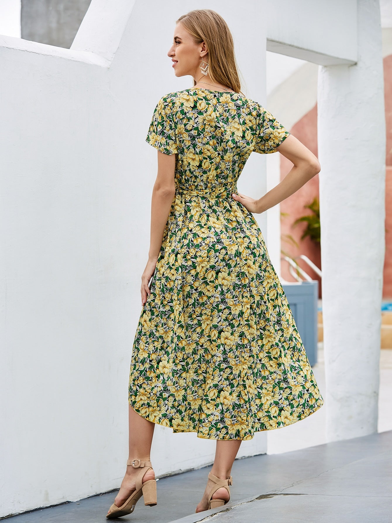 Asymmetrical Hem Split Thigh Belted Floral Dress