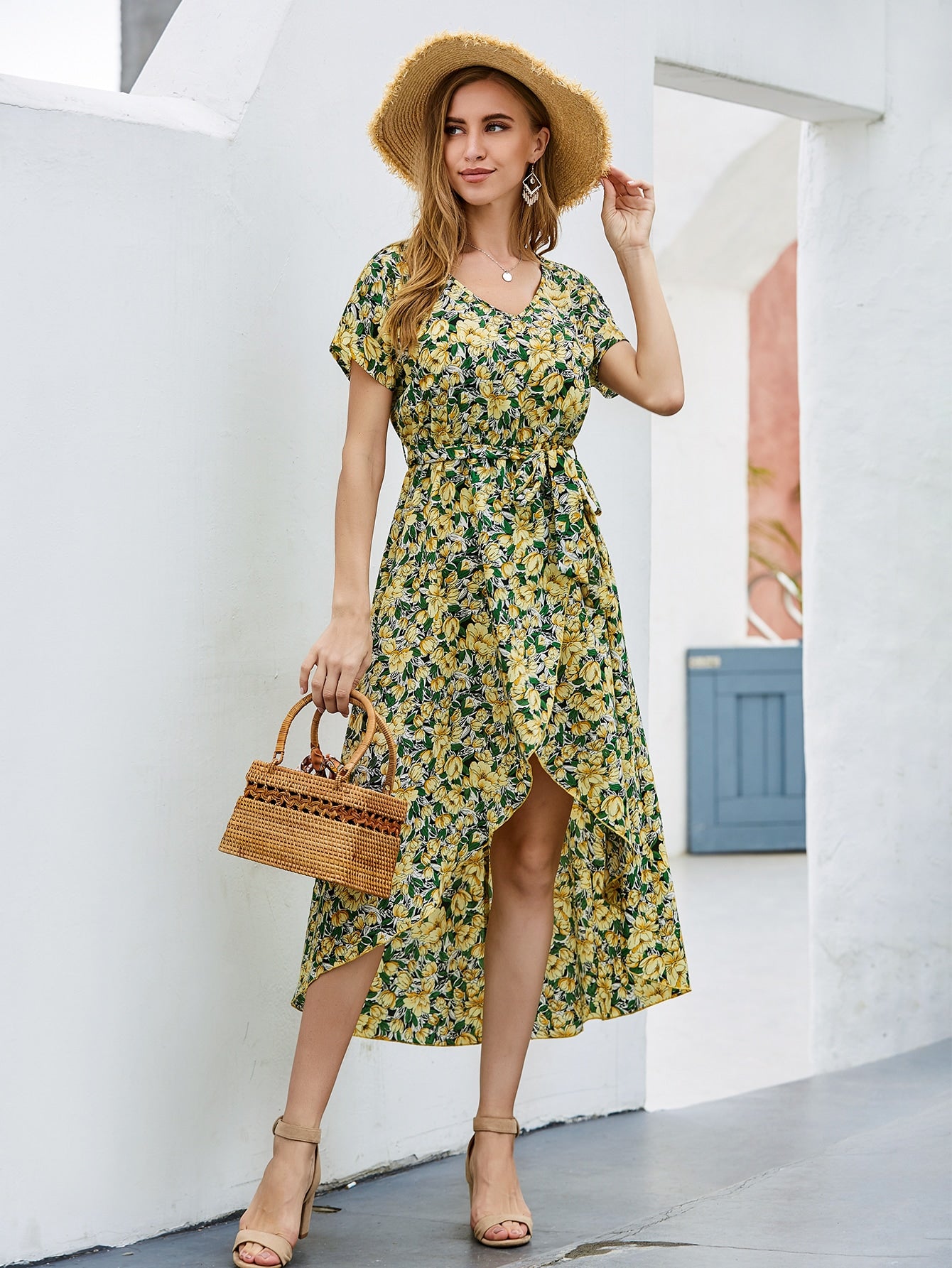 Asymmetrical Hem Split Thigh Belted Floral Dress