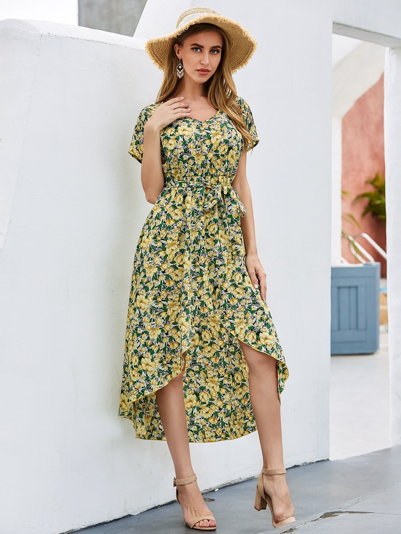 Asymmetrical Hem Split Thigh Belted Floral Dress