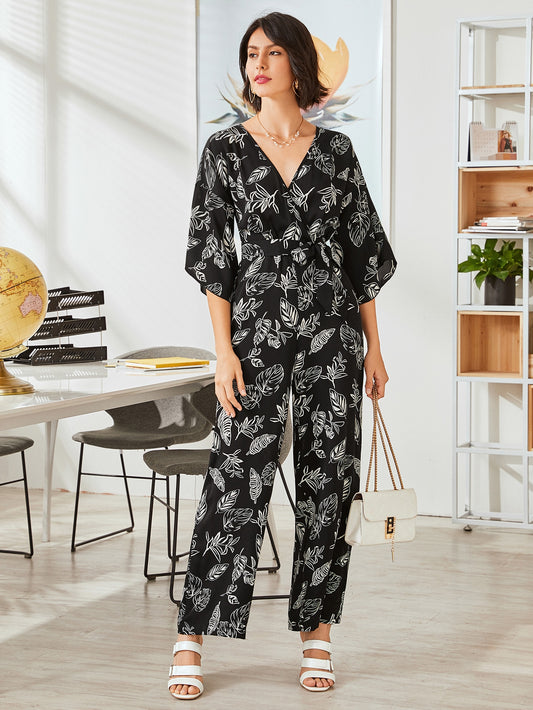 Tropical Print Surplice Front Belted Culotte Jumpsuit