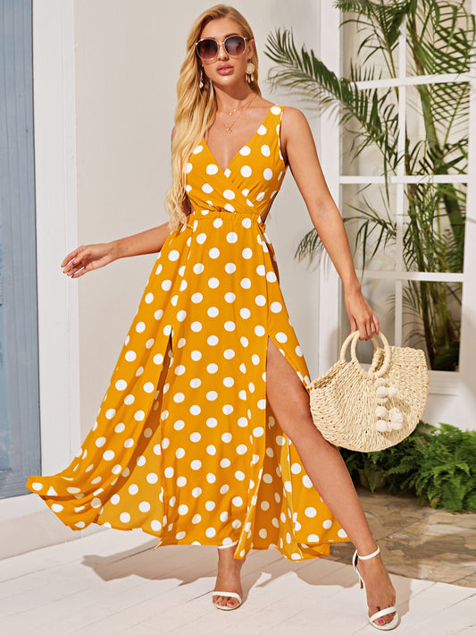 Polka Dot Split Thigh Maxi Dress