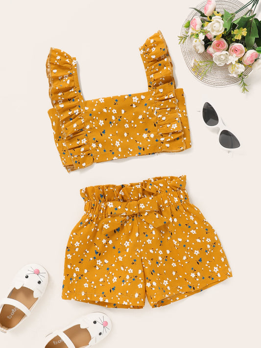 Toddler Girls Ditsy Floral Print Ruffle Trim Top With Shorts