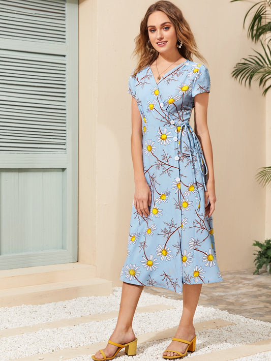Floral Print Wrap Tie Side Dress