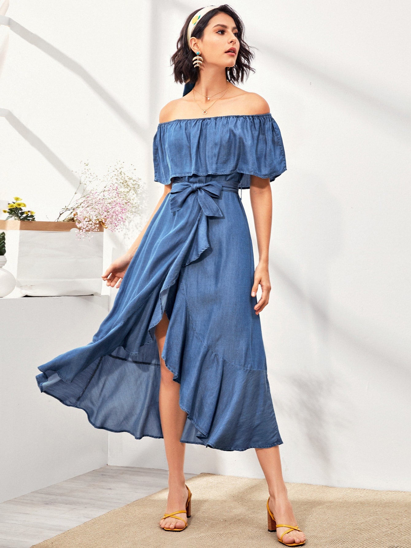 Foldover Belted Ruffle Wrap Bardot Denim Dress