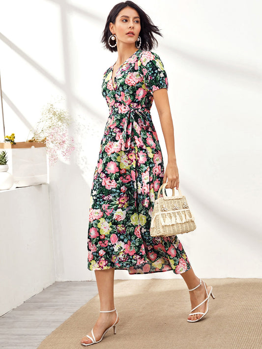 Floral Print Self Tie Wrap A-line Dress