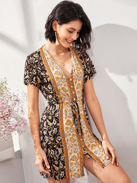 Tribal Print Drawstring Waist Fitted Dress