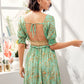 Plants Print Square Neck Backless Tie Back Shirred Dress