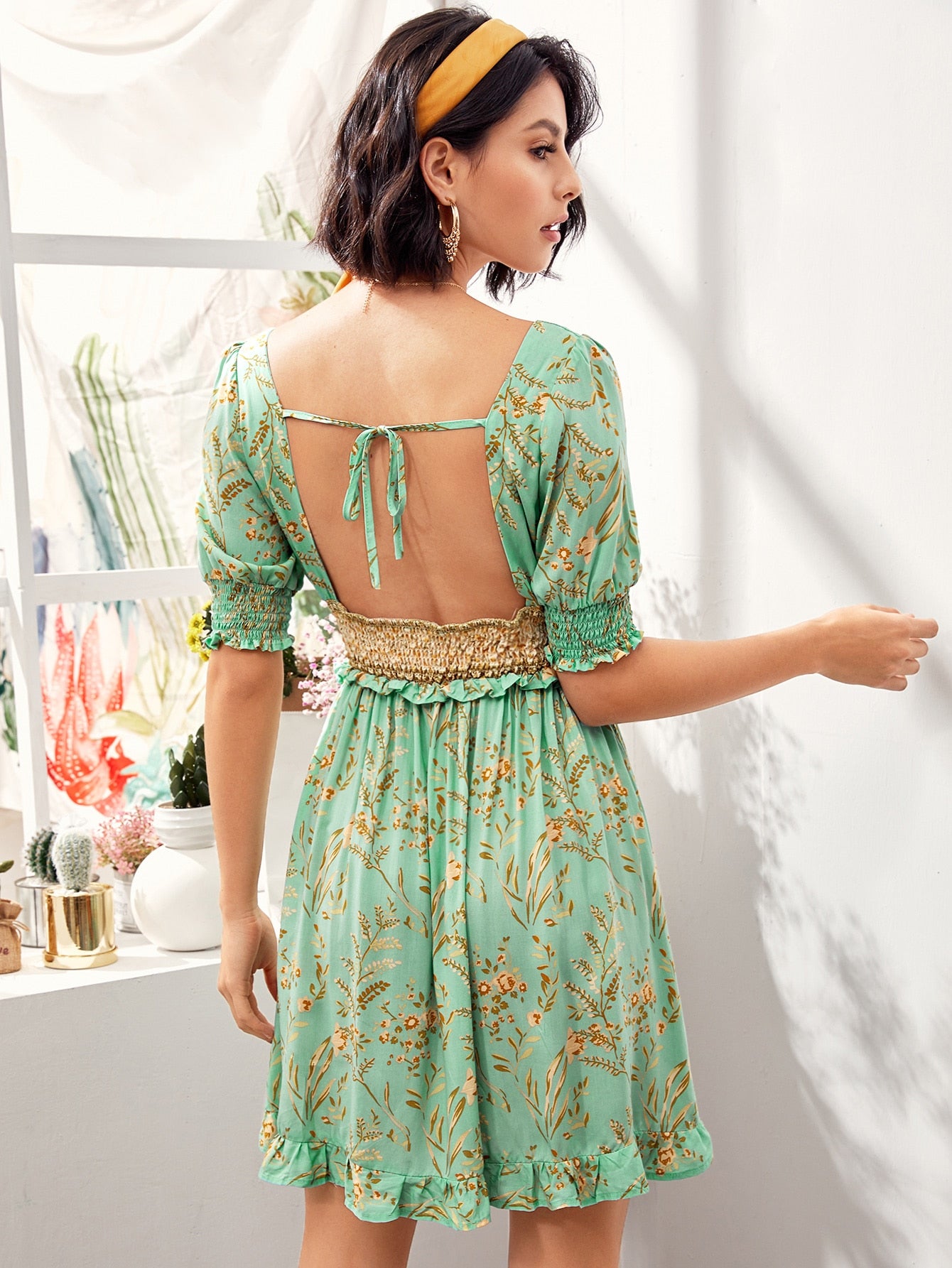 Plants Print Square Neck Backless Tie Back Shirred Dress Amy's Cart Plants Print Square Neck Backless Tie Back Shirred Dress Amy's Cart