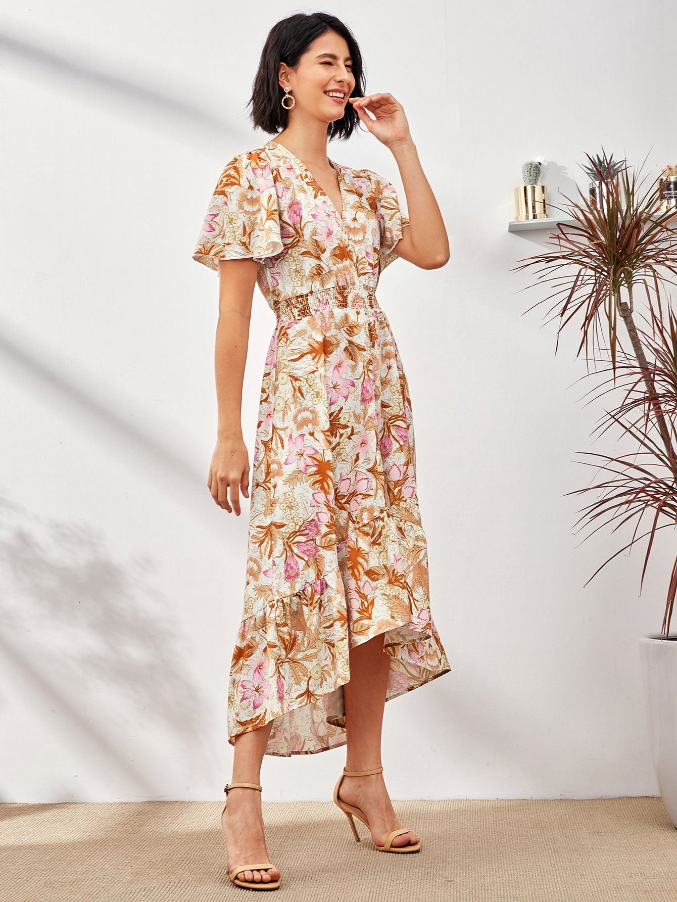 Plant Print Button Front Ruffle Hem Dress