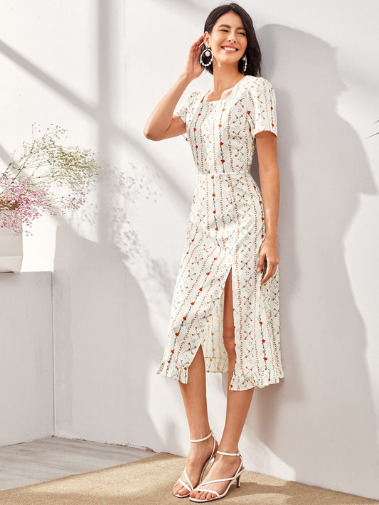 Grid & Floral Print Square Neck Split Hem Dress