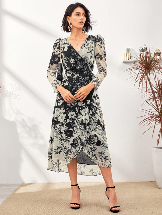 Two Tone Floral Print Tie Side Wrap Dress