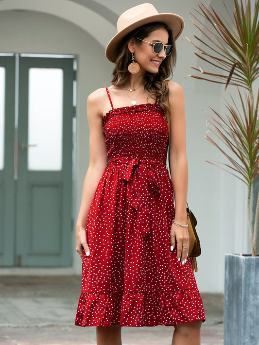 Polka Dot Print Shirred Bodice Belted Cami Dress