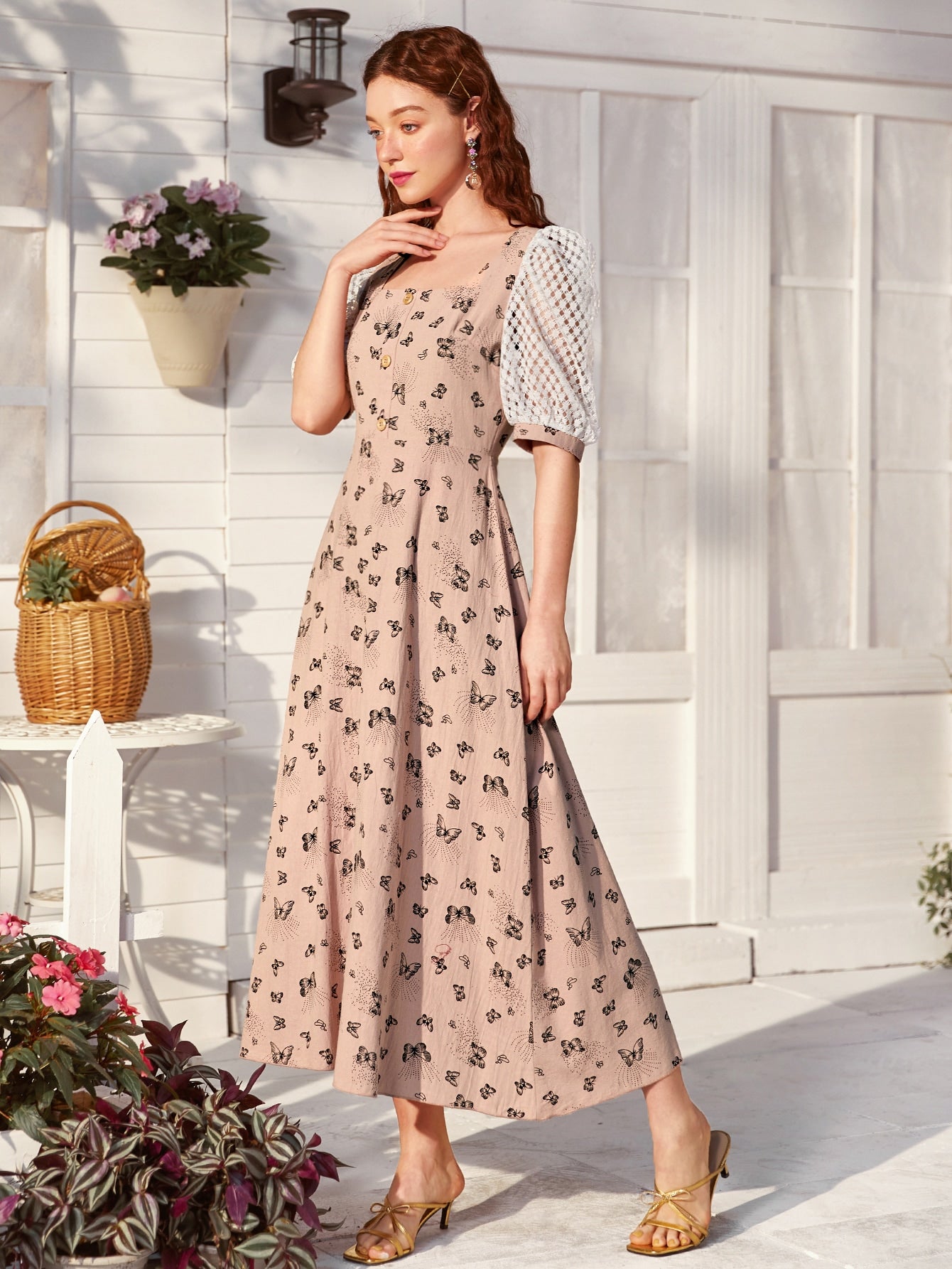 Butterfly Print Square Neck Contrast Lace Sleeve Dress