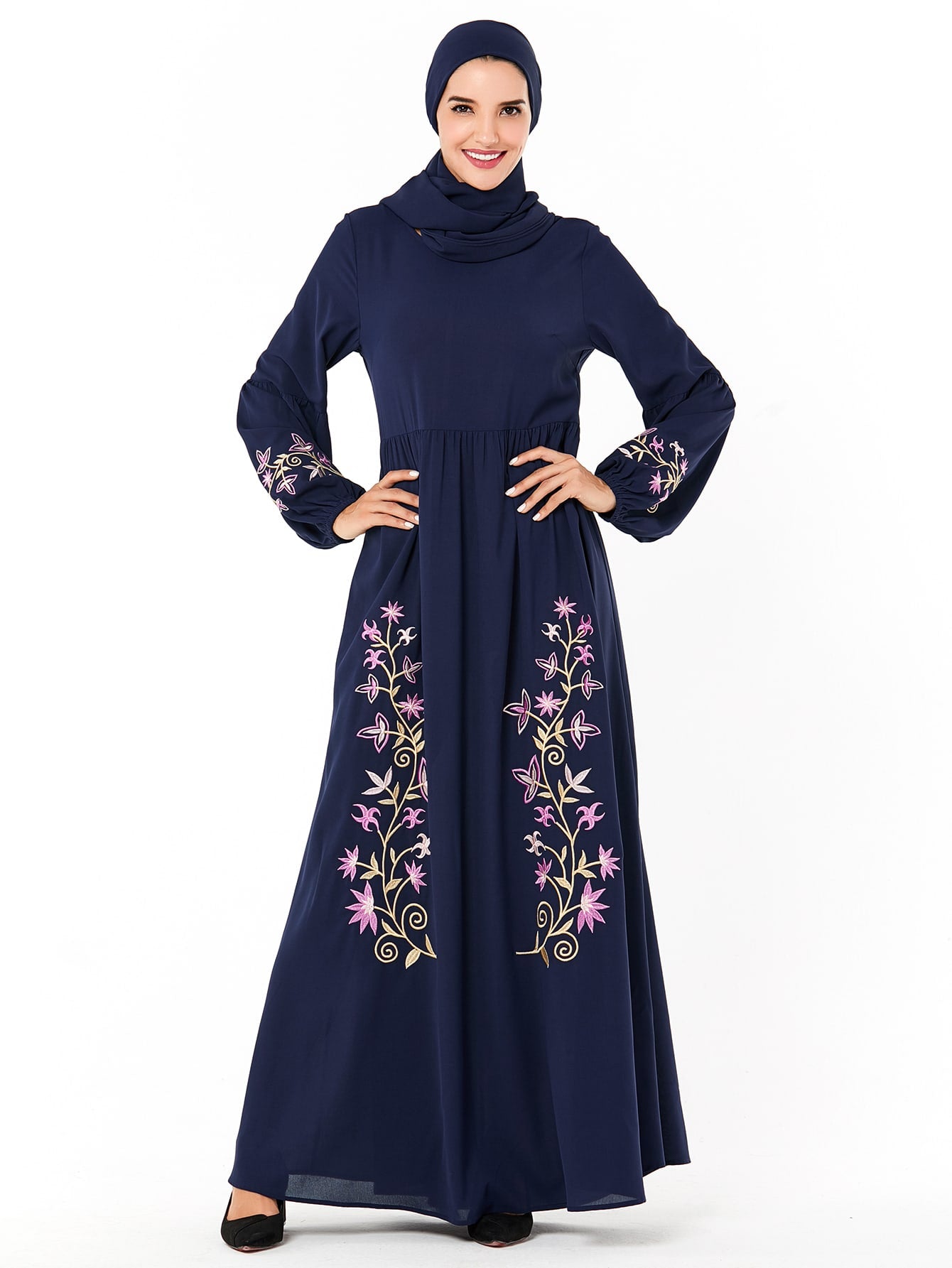 Floral Embroidery Bishop Sleeve Dress Without Headscarf