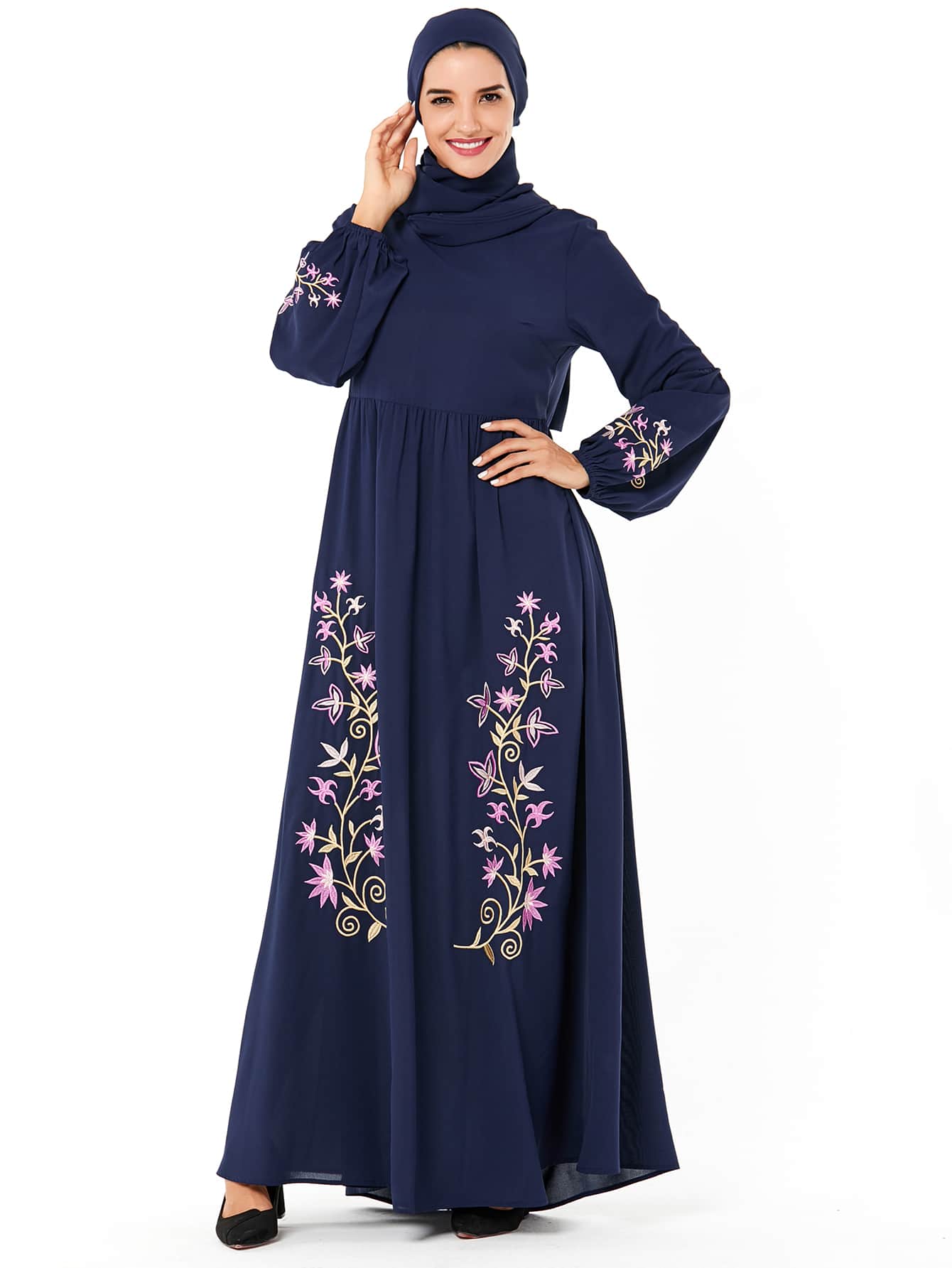Floral Embroidery Bishop Sleeve Dress Without Headscarf