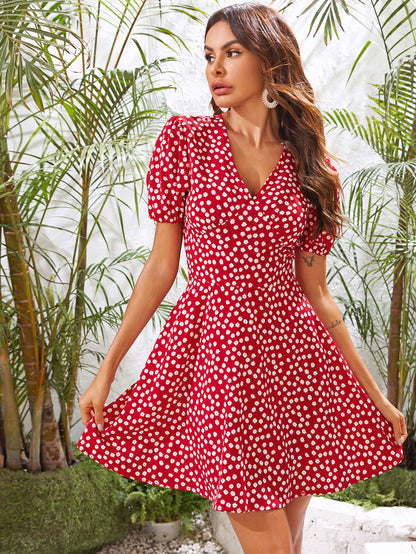 Puff Sleeve Ditsy Floral A-line Dress