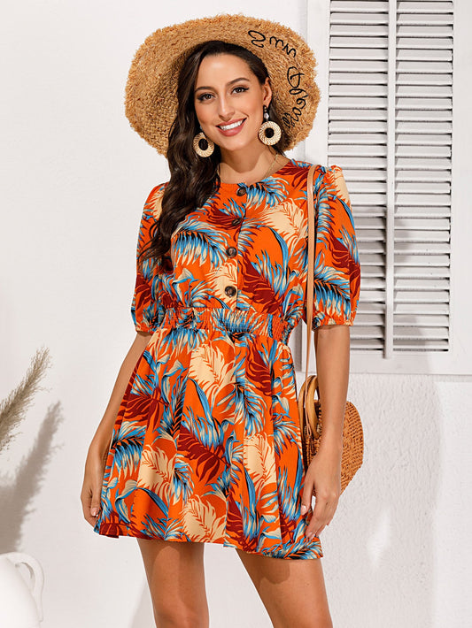 Tropical Print Half Button Dress