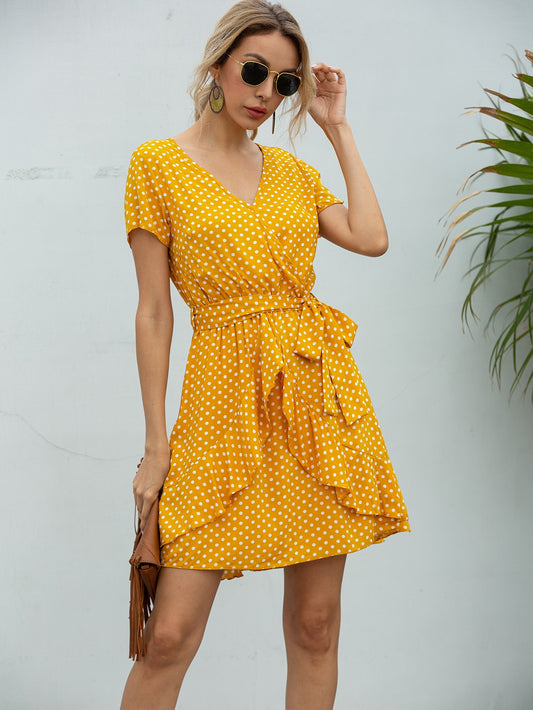 Polka Dot Surplice Front Ruffle Trim Belted Dress