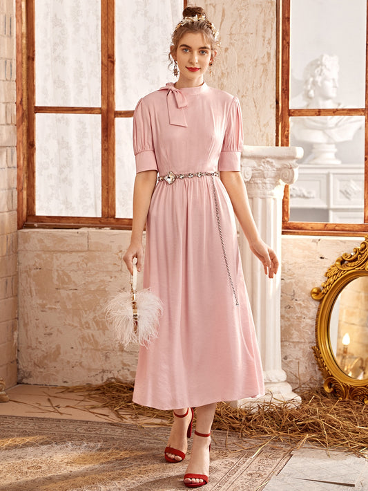 Tie Neck Puff Sleeve Dress Without Belted