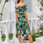 Tropical Print Frill Ruffle Trim Bardot Dress