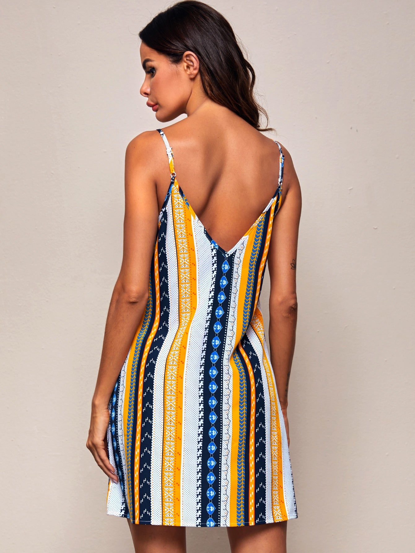 Double V-neck Tribal Print Slip Dress