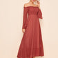 Frill Trim Shirred Bardot Chiffon A-line Dress